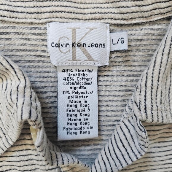 Vintage Calvin Klein Jeans Linen Blend Striped Polo Shirt Sz L CK Top Resortwear - Picture 5 of 11